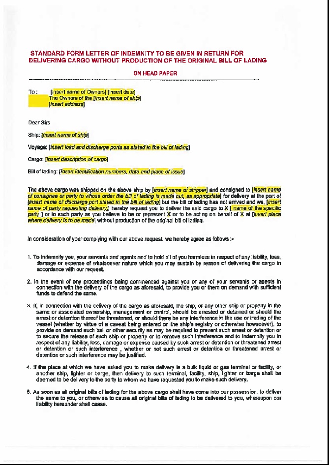 Letter of Indemnity